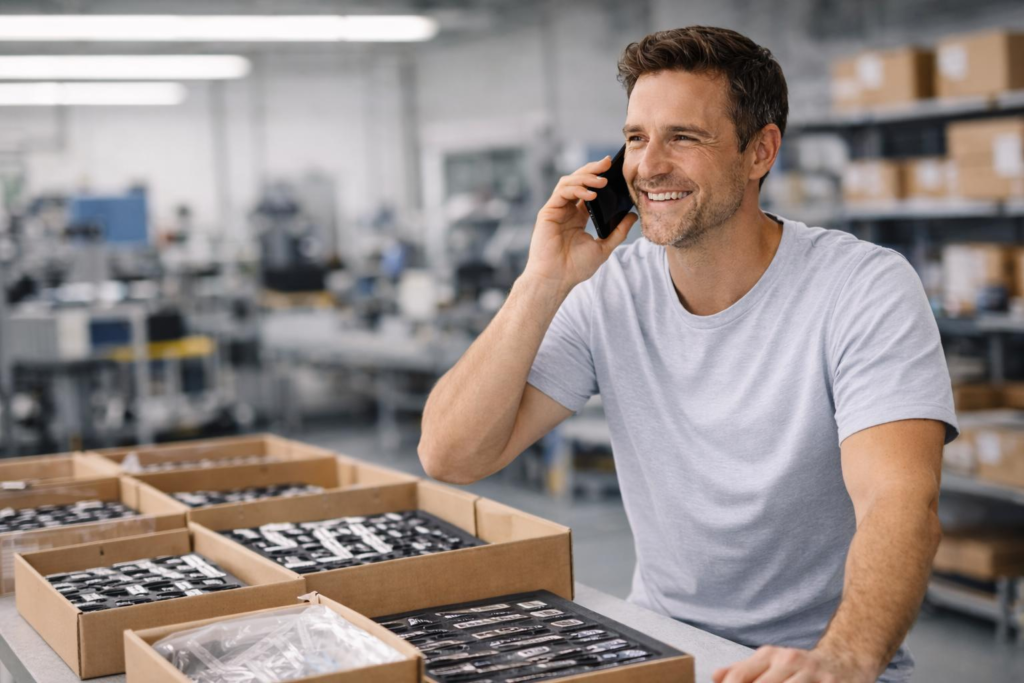 Smiling man in a light gray shirt talks on his phone while sitting at a table with open boxes of pens in a bright warehouse or factory setting.