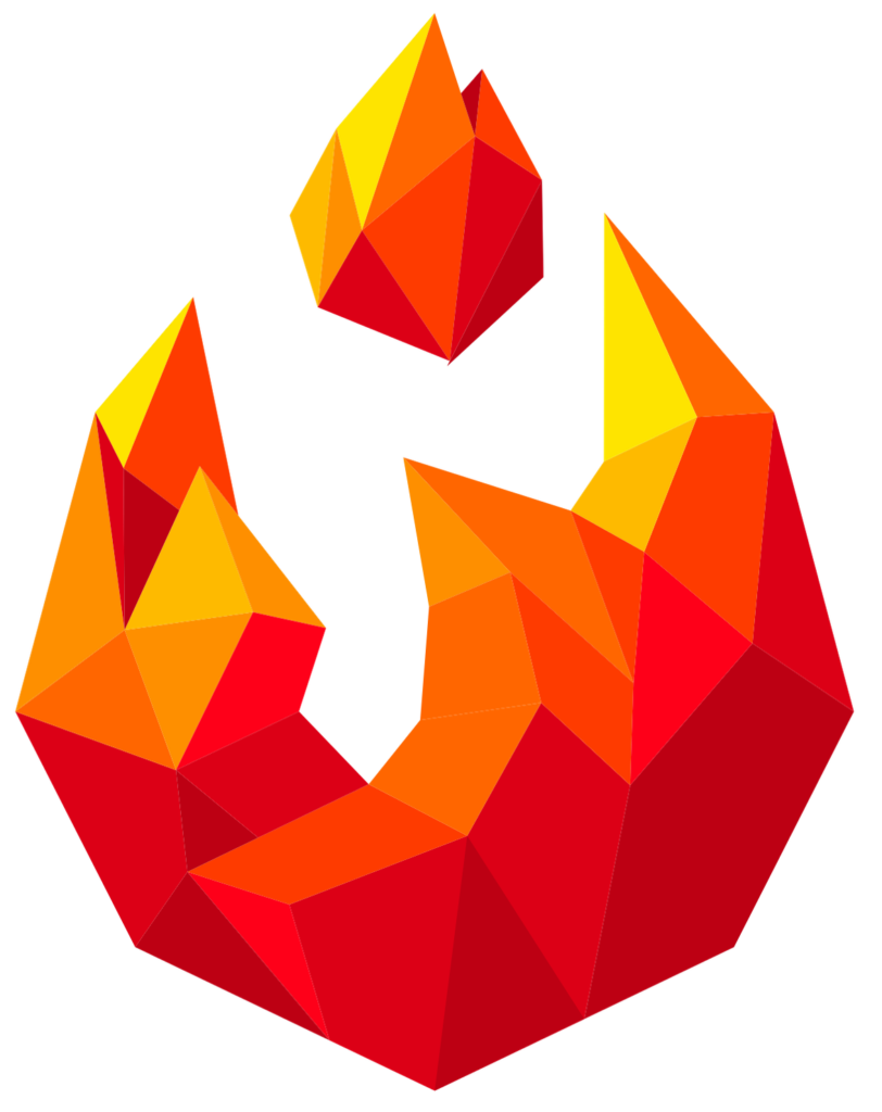 A stylized, geometric flame design made of red, orange, and yellow polygonal shapes, forming a circular pattern with a smaller flame shape above.