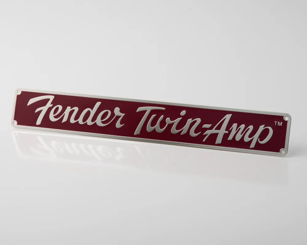Stainless steel script nameplate with red fill