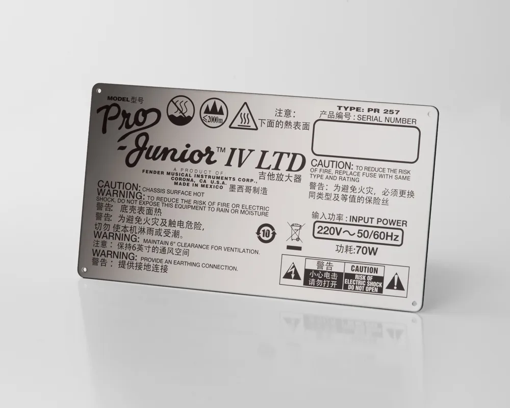 Etched stainless steel rating plate